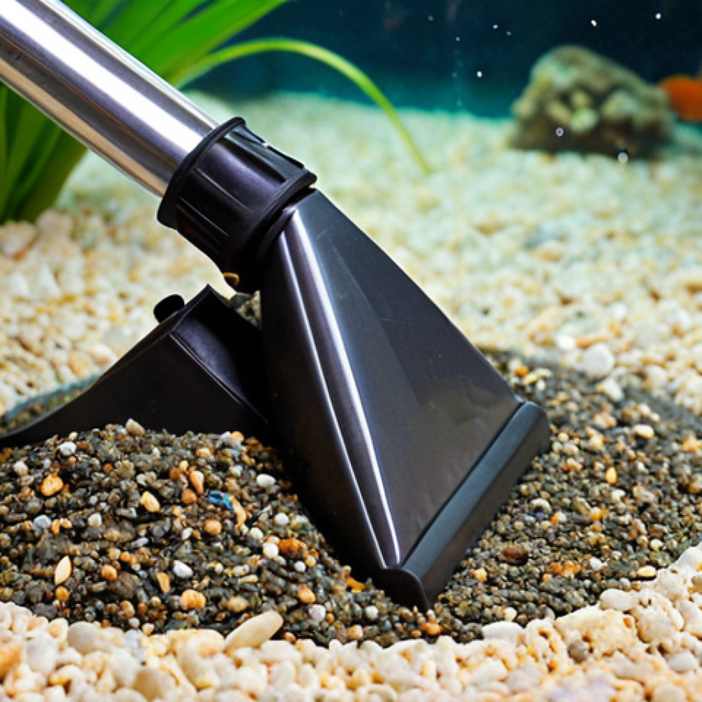 **Prompt:** A close-up, slightly overhead shot of an aquarium gravel vacuum (grindzuiger) in action. The vacuum is partially submerged in the gravel substrate, with some detritus and debris being visibly sucked up. Focus should be on the immediate area around the vacuum, with a slightly blurred background of aquarium plants and decorations. Emphasize the effectiveness of the gravel vacuum.