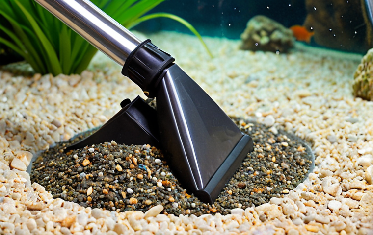 **Prompt:** A close-up, slightly overhead shot of an aquarium gravel vacuum (grindzuiger) in action. The vacuum is partially submerged in the gravel substrate, with some detritus and debris being visibly sucked up. Focus should be on the immediate area around the vacuum, with a slightly blurred background of aquarium plants and decorations. Emphasize the effectiveness of the gravel vacuum.